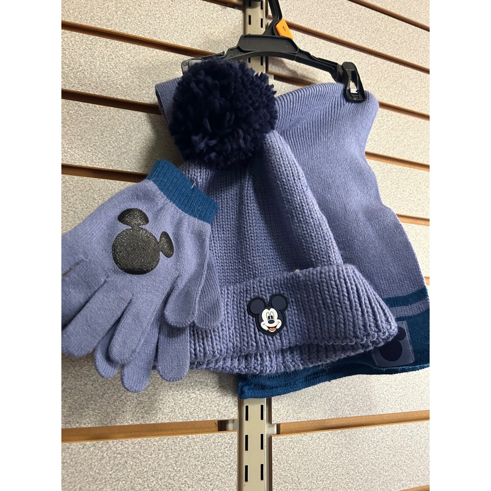 Disney Mickey Mouse Kids Blue 3pc Winter Hat Scarf‎ Gloves Set NEW